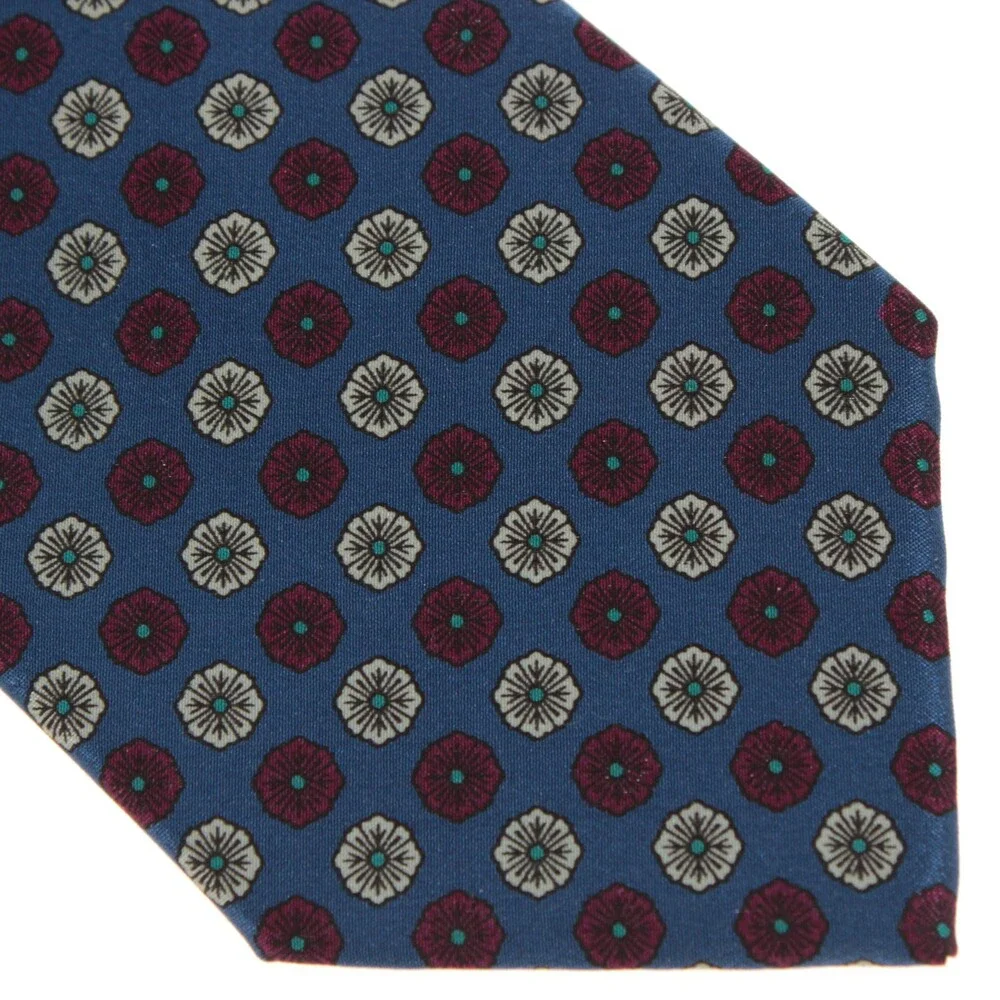 Brioni NWOT Neck Tie in Blue with Cream & Red Geometric Floral Print 100% Silk